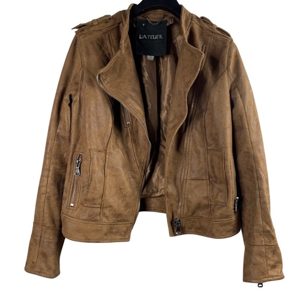 L’atelier Faux Suede Brown Moto Biker Asymmetrical Zip Long Sleeve Jacket Medium - Picture 1 of 14